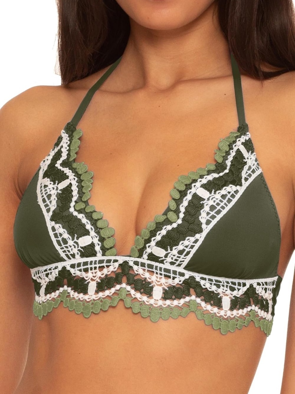 BECCA Olive Green and White Lace Triangle Swim Top S 1374/12-4